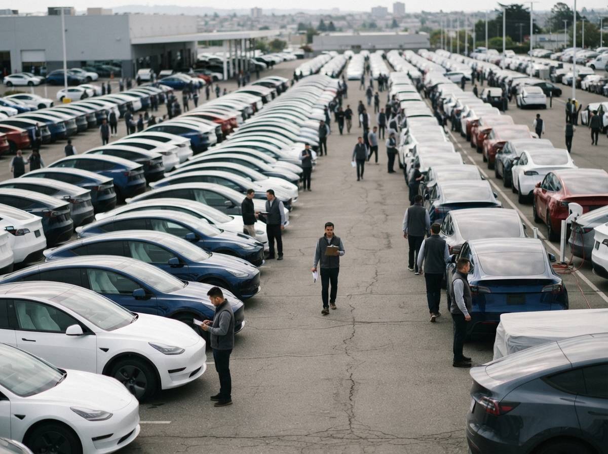 A customer and staff member review paperwork next to a newly delivered Tesla Model Y.
