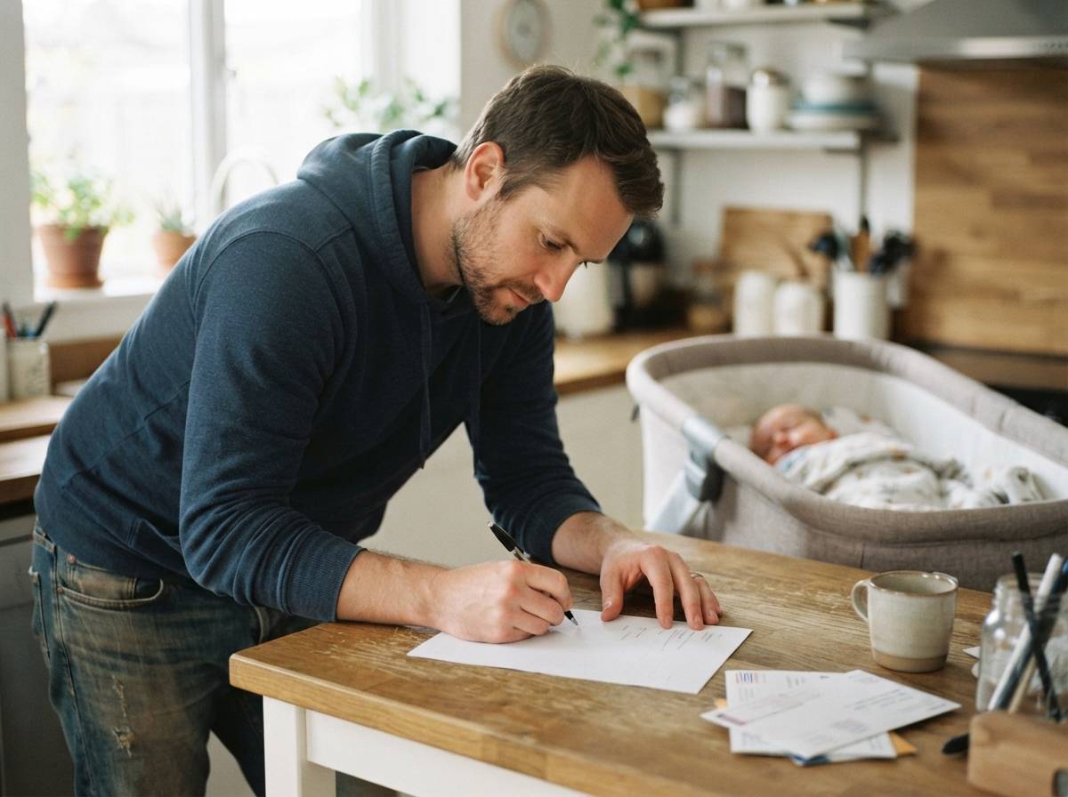 A parent signing a government form to open a child savings account at a desk