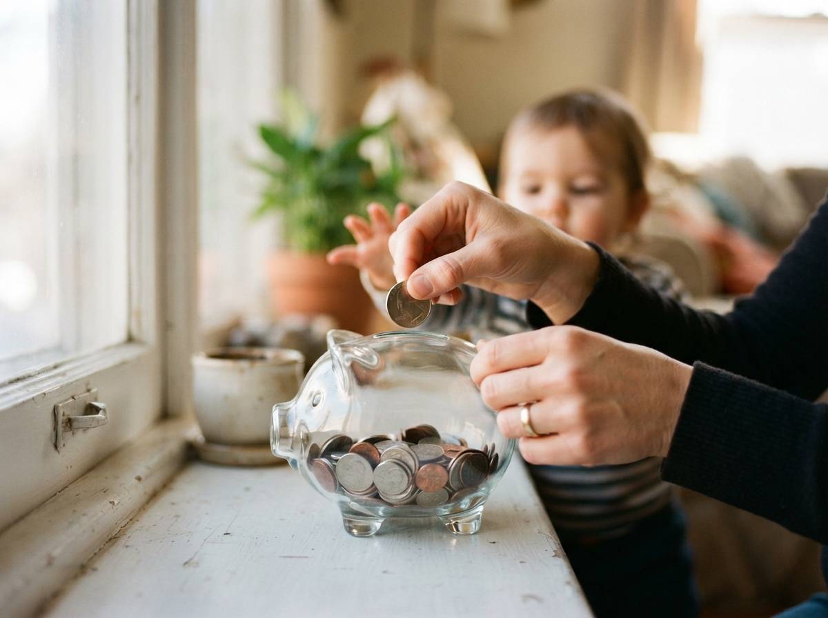 A parent uses a smartphone banking app to manage a child's savings account at home.
