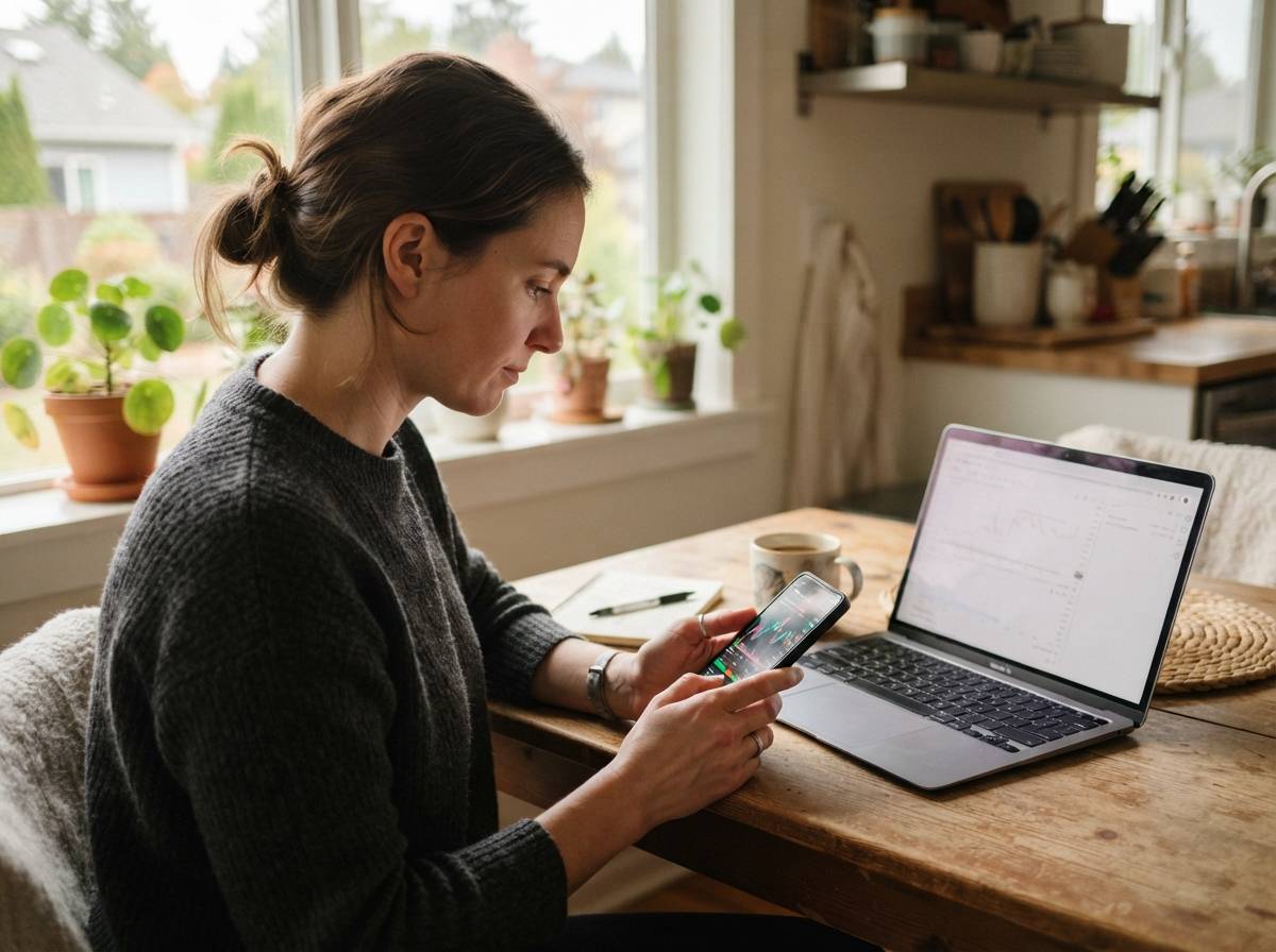 A person checking cryptocurrency price charts on a smartphone at a table in natural morning light.