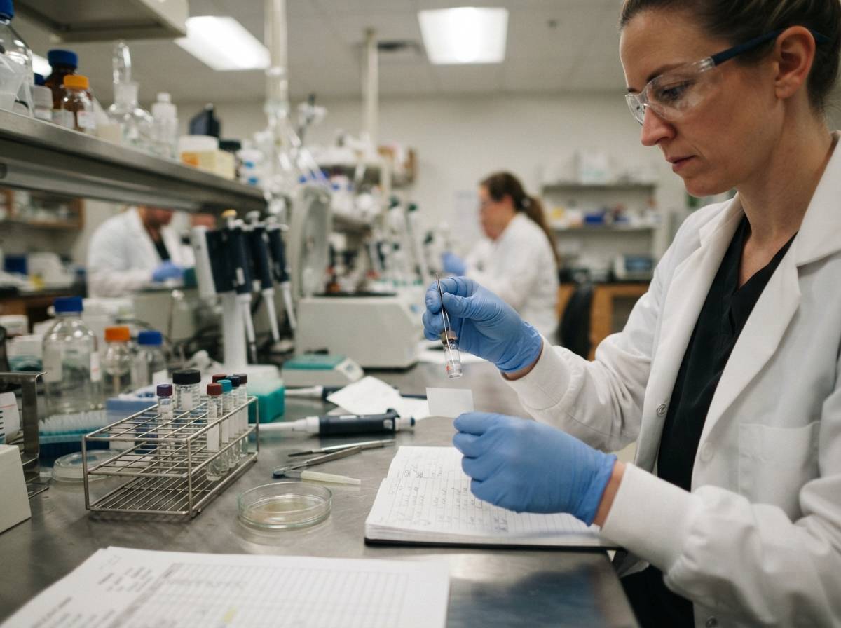 A researcher in a lab coat examines vials in a clinical trial laboratory.