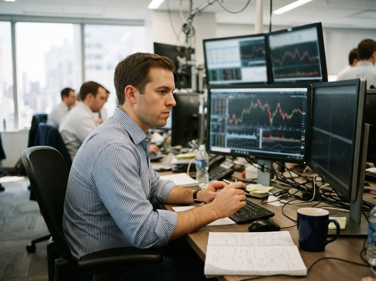 A trader studies multiple monitors displaying stock price charts during the trading day.