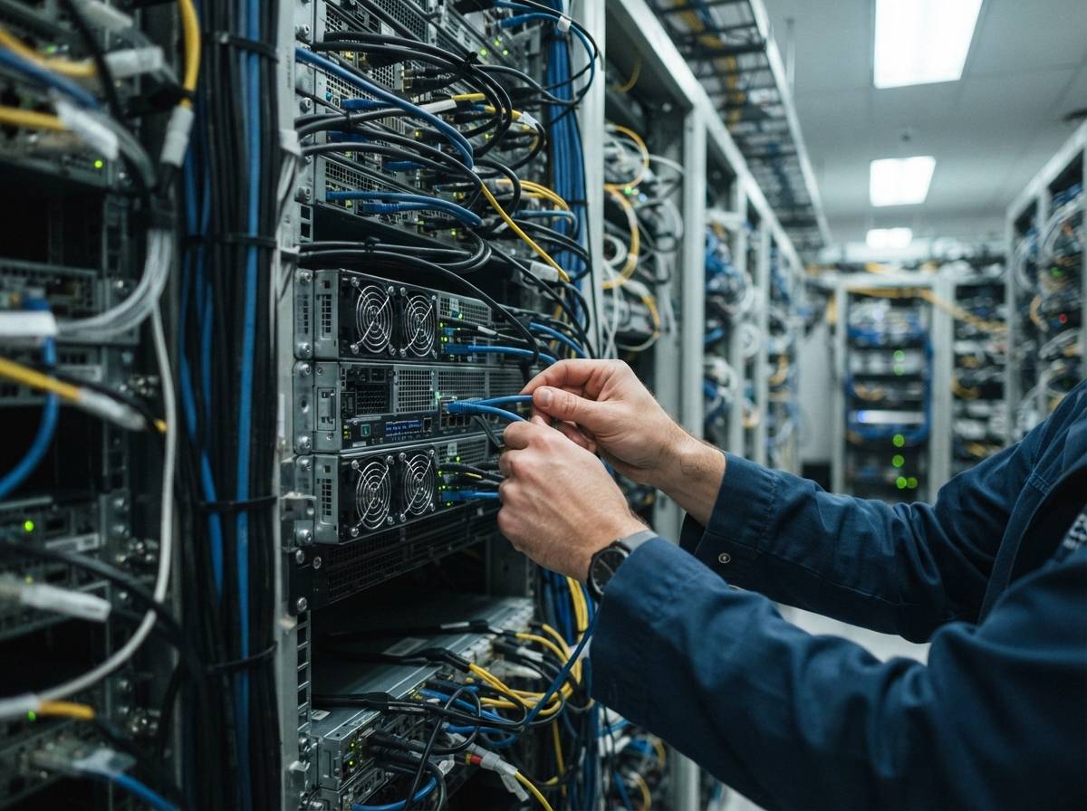 A warehouse technician checks shipping labels on stacked server hardware.