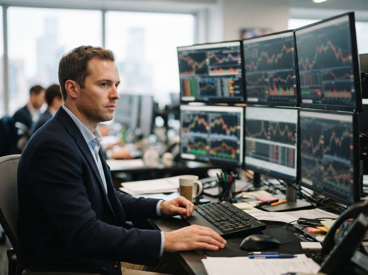 An analyst reviews stock charts on multiple monitors at night.