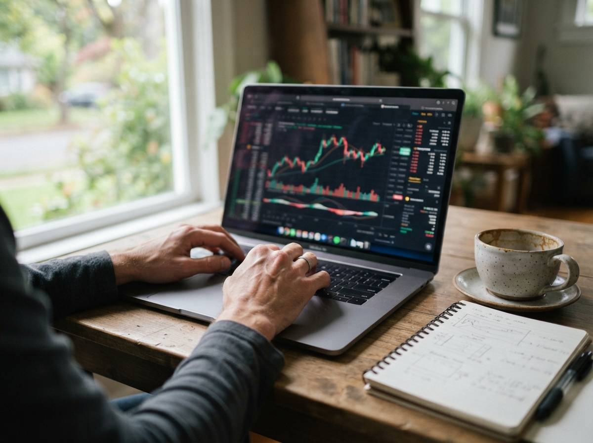 Hands typing on a laptop showing a cryptocurrency price chart at a home desk.