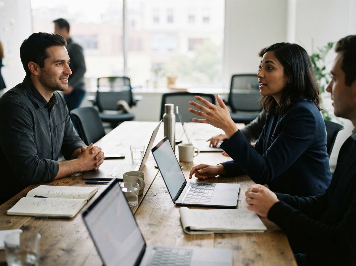 Office workers looking at laptops and phones with concerned expressions in a modern workplace.