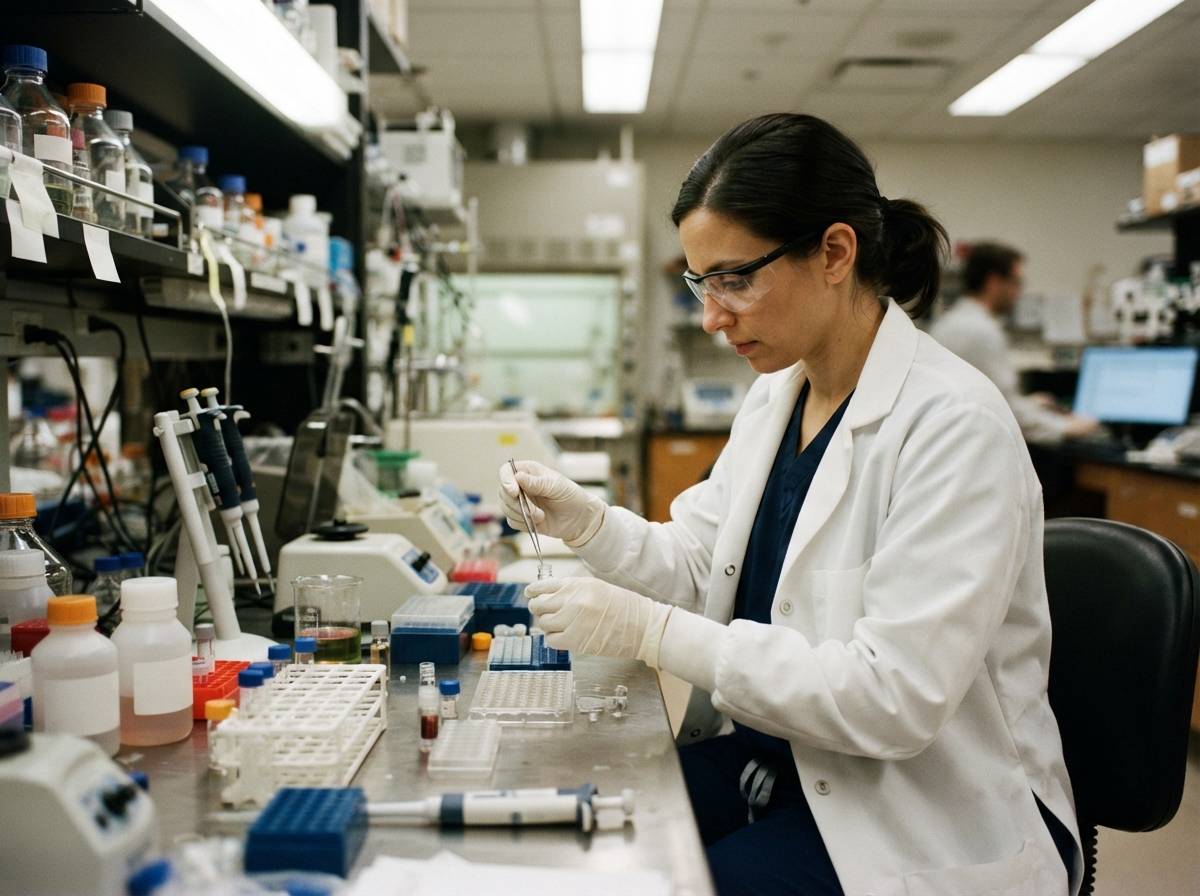 Scientist in a lab coat reviewing documents at a laboratory bench surrounded by sample vials.