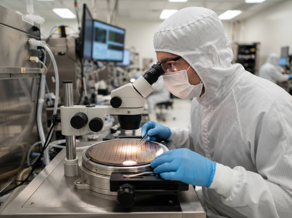 Technician inspecting a memory chip wafer on a factory production line.