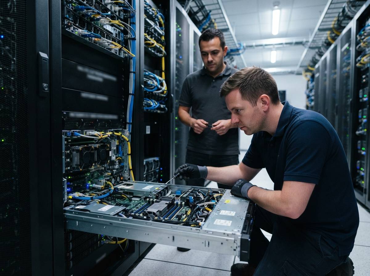 Technicians inspect an open server chassis inside a data center server rack.
